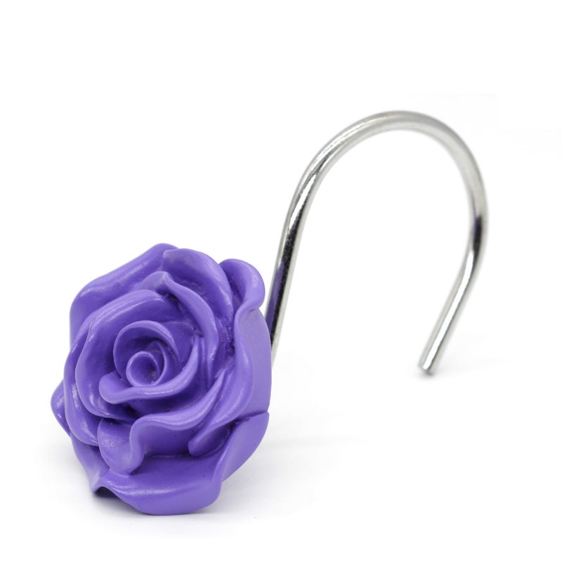 BEAVO Shower Curtain Hooks, Home Decorative Rustproof Shower Curtain Hooks Resin Rose Flower Shower Hooks Rings for Bathroom Shower Rods Curtains,Set of 12 Hooks (Purple) - Image 4